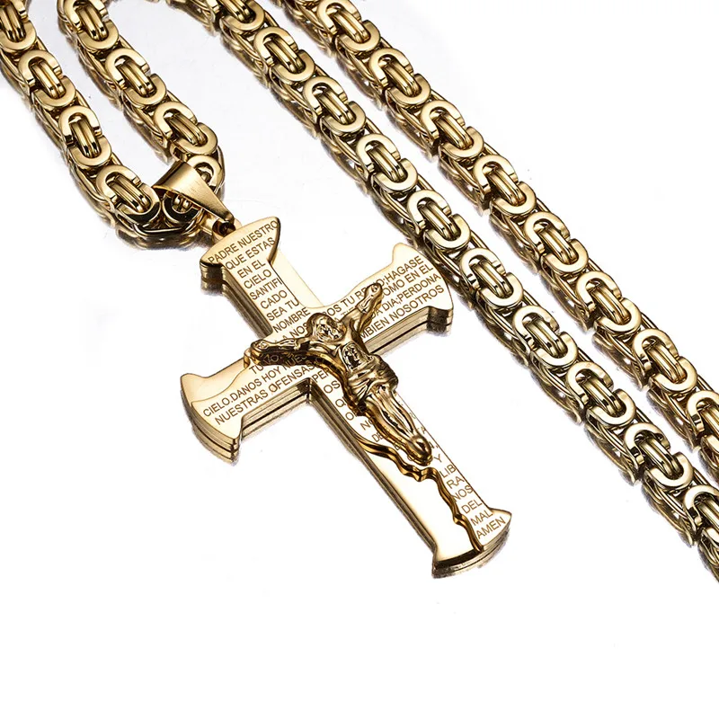 Goldfarbene Kruzifix-Königskette mit Jesusfigur und Vaterunser-Gravur auf Spanisch