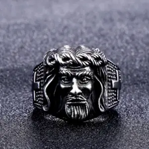 BEIER Jesusring für Herren: Jesusporträt mit Dornenkrone und Kreuzmotiv, Vorderansicht