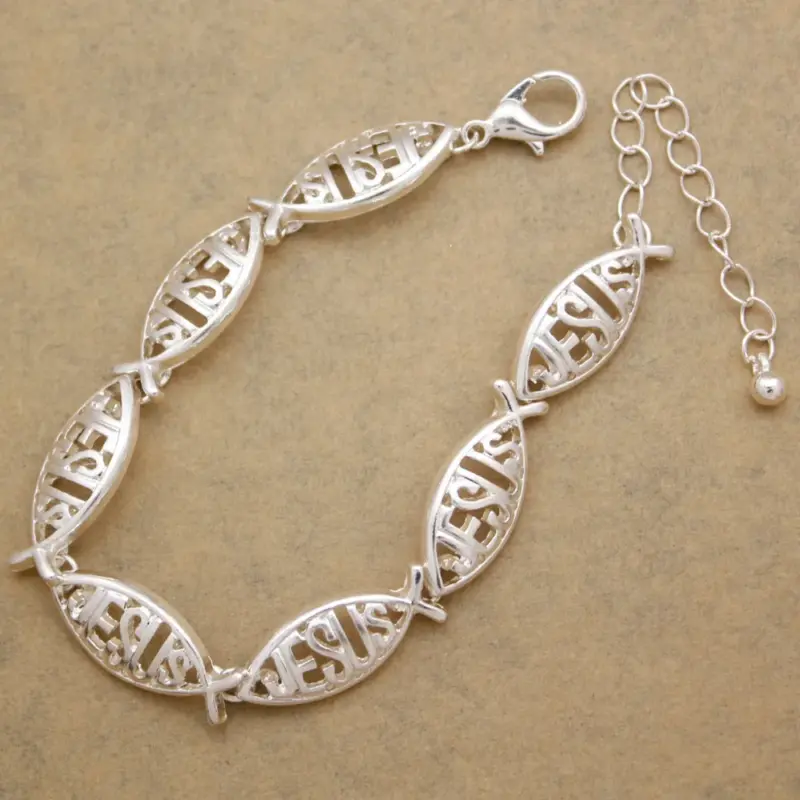 Silberfarbenes Jesusfisch Armband mit mehreren JESUS-Fischmotiven