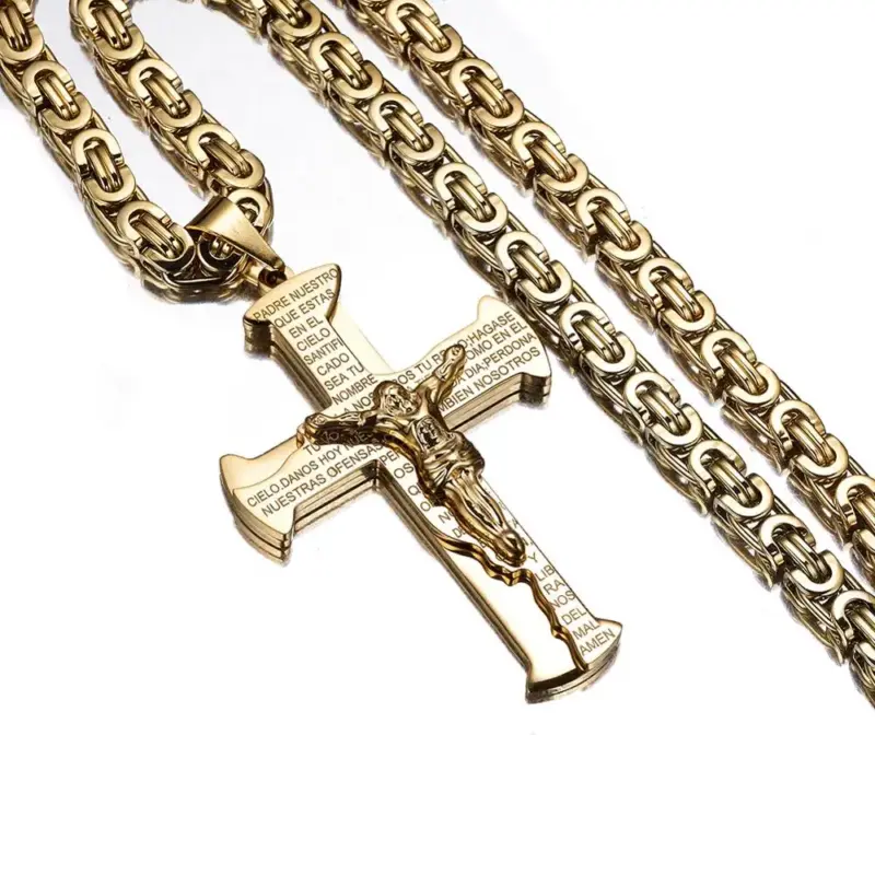 Goldfarbene Granny Chic Kruzifix-Halskette mit Jesusfigur und eingravierten spanischen Gebetszeilen