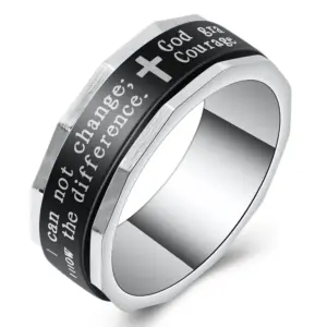 VQYSKO Edelstahlring in Schwarz und Silber mit Kreuz, englischem Mut-Spruch und polierten Metallrändern