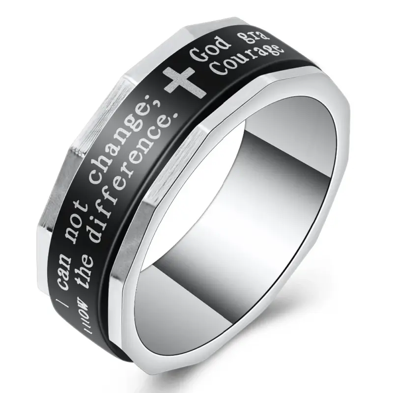 kf-HTB1WzHtadjvK1RjSspiq6AEqXXak VQYSKO Edelstahlring in Schwarz und Silber mit Kreuz, englischem Mut-Spruch und polierten Metallrändern