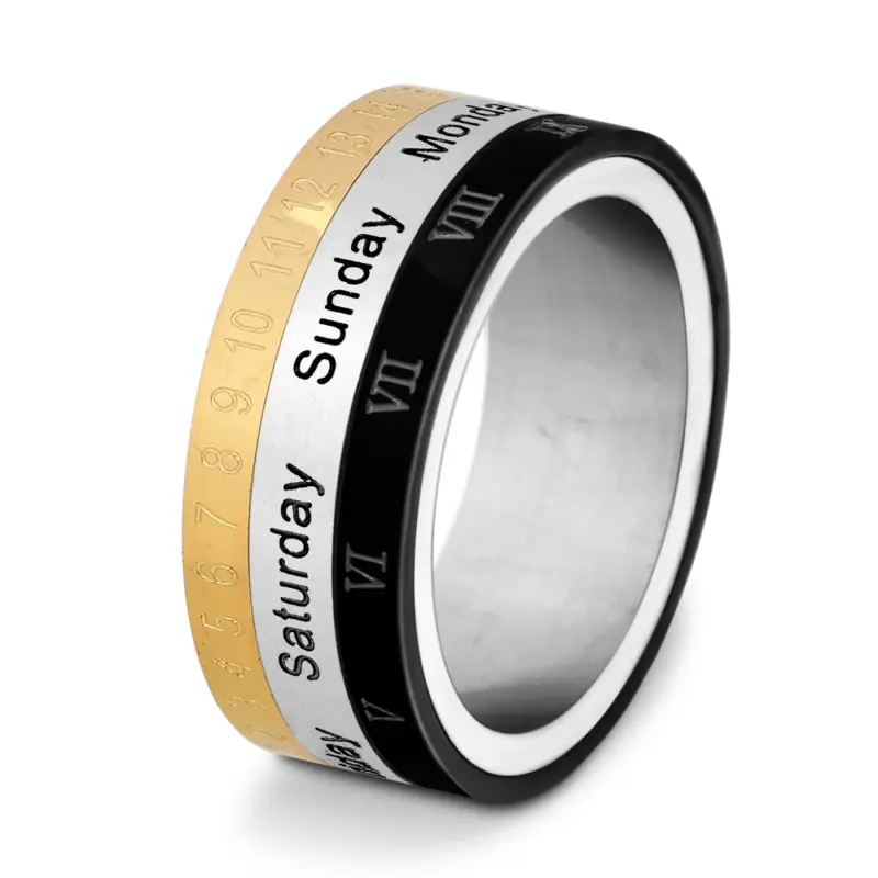 VQYSKO Design 3: Ring mit englischen Wochentagen, Zahlen und römischen Zeichen in Gold Silber Schwarz