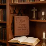 Braune Bibelhülle Trust in the Lord mit dekorativer Schrift und Blumenornamenten