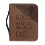 Braune Bibelhülle mit Kreuz, God is within her she will not fall, gemusterter Naht und Reißverschluss