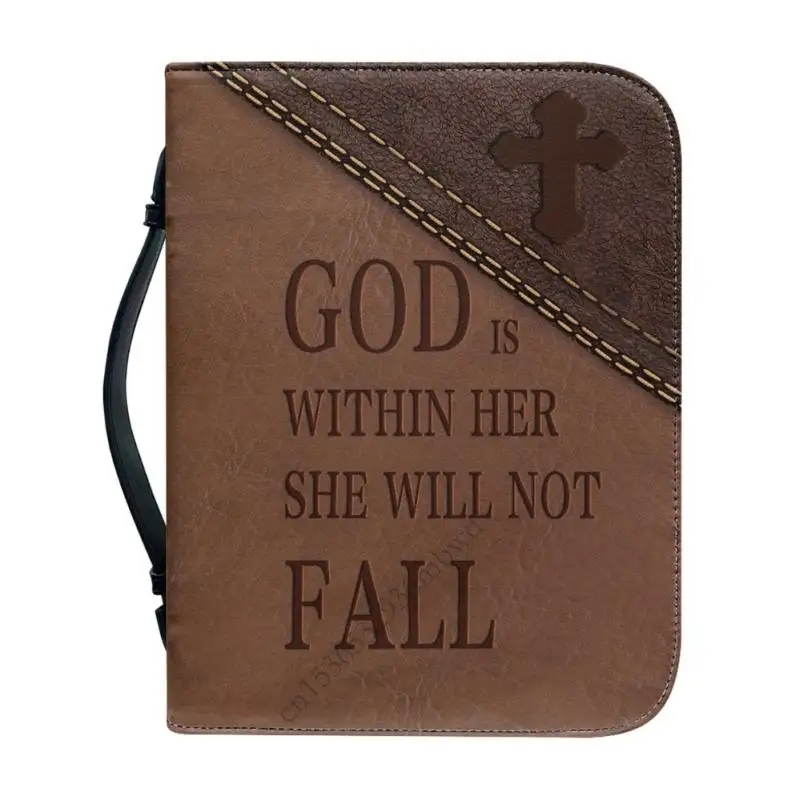 Braune Bibelhülle mit Kreuz, God is within her she will not fall, gemusterter Naht und Reißverschluss