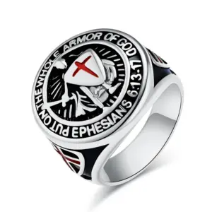Silberfarbener Templerring für Herren mit Ritter, Kreuzschild und Epheser-Inschrift