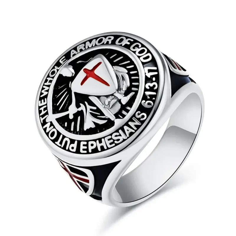 kf-S0a3a4f9baefd4edcae8135bf767929d4o Silberfarbener Templerring für Herren mit Ritter, Kreuzschild und Epheser-Inschrift