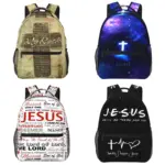 Vergleich von vier christlichen Rucksackdesigns mit Jesus-Schriftzug, Leuchtkreuz und Bibelworten
