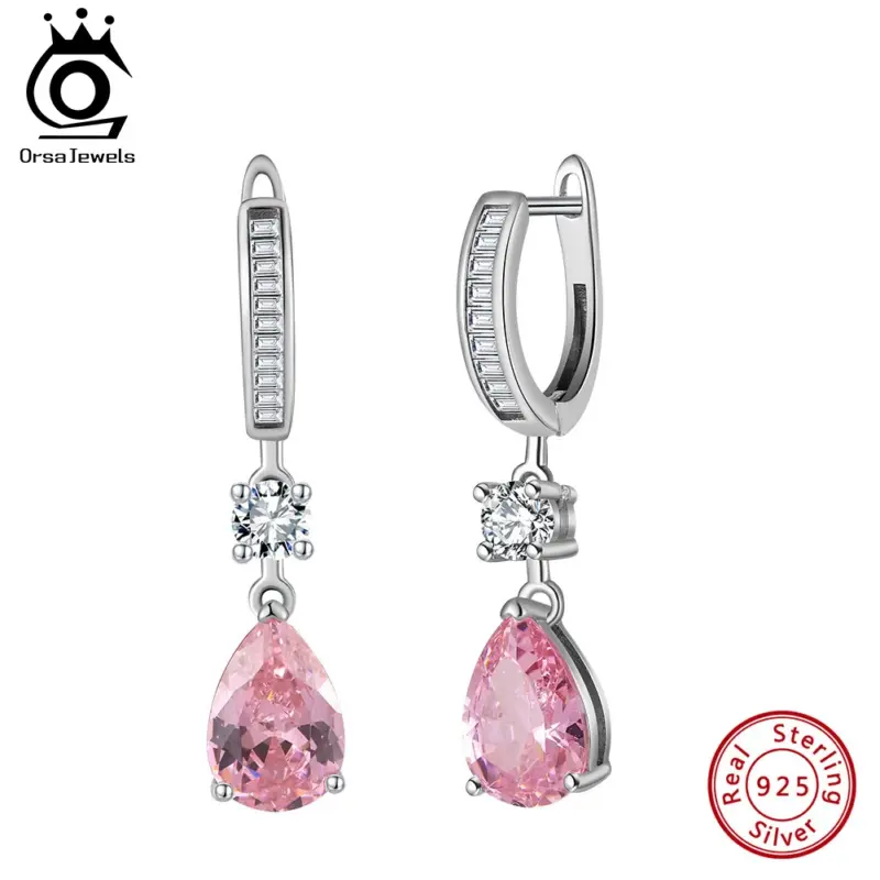 ORSA JEWELS LZE33 Silber-Ohrhänger mit klarem Rundstein und rosafarbenem Zirkonia-Tropfen, Vorder- und Seitenansicht