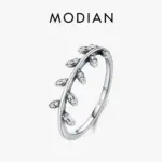 MODIAN Olivenzweig-Ring mit klaren Schmucksteinen und S925-Prägung auf weißem Hintergrund, Markengrafik