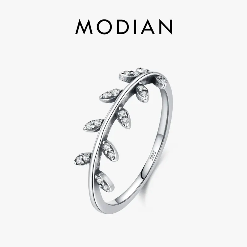 MODIAN Olivenzweig-Ring mit klaren Schmucksteinen und S925-Prägung auf weißem Hintergrund, Markengrafik