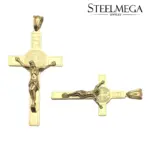 STEELMEGA Benediktus-Kruzifixanhänger in Goldoptik, zwei Ansichten mit Jesusfigur und Benediktusmedaille