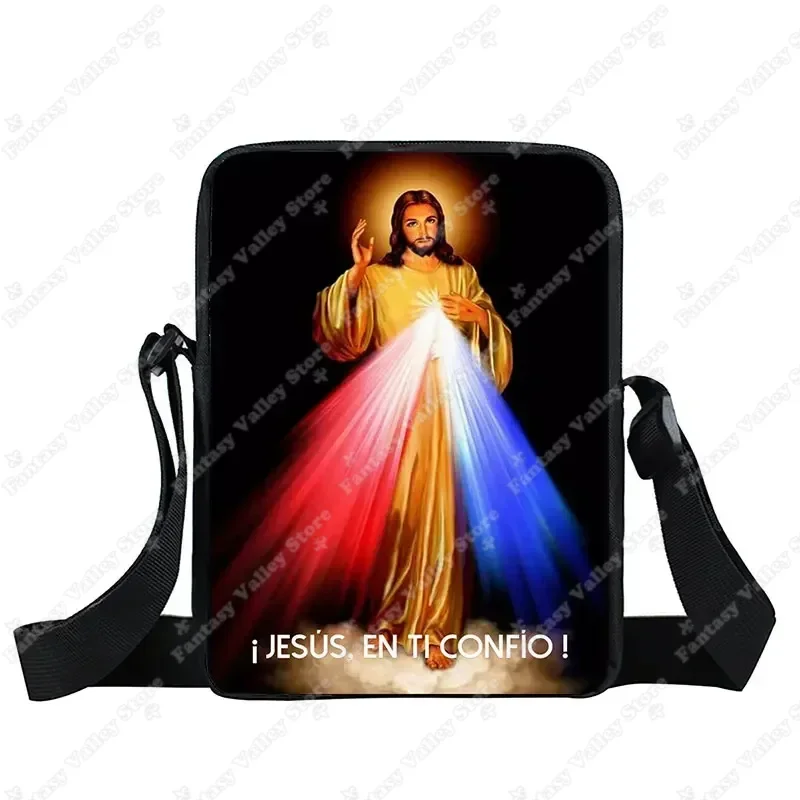 Fantasy Valley Schultertasche mit Darstellung des barmherzigen Jesus und spanischem Jesús en ti confío Schriftzug