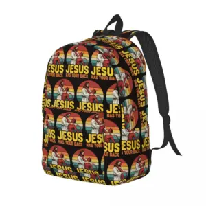 Jesus Has Your Back Rucksack mit Retro-Allover-Motiv in Schwarz