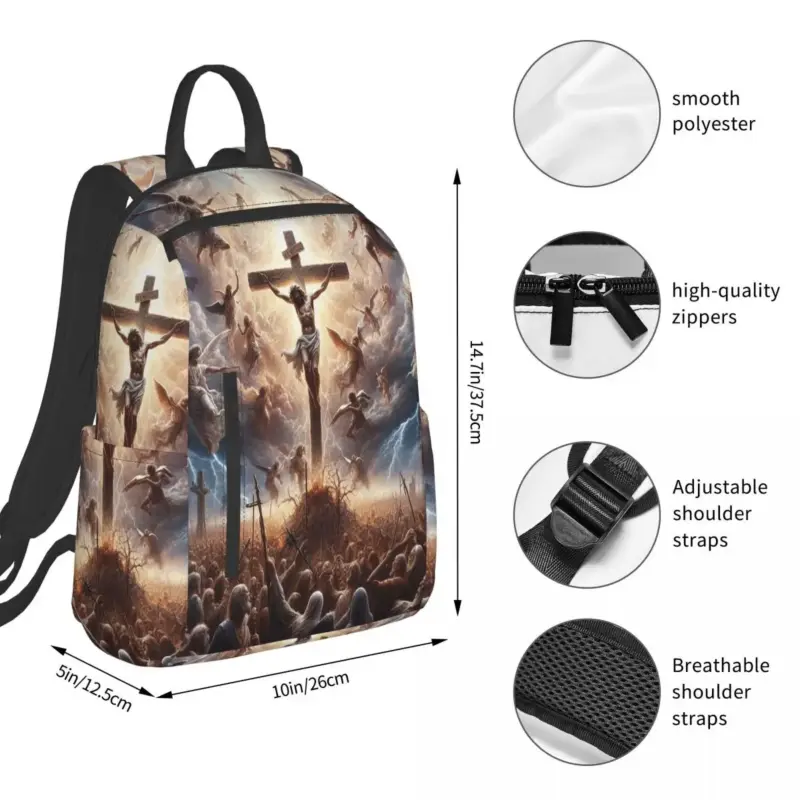 Jesus-Rucksack aus Polyester mit Lieferantenmaßgrafik 37,5 × 26 × 12,5 cm und Trägerdetails