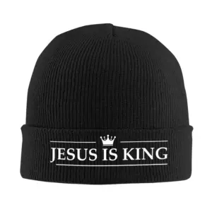 Schwarze Jesus Is King Strickmütze mit weißem Kronenmotiv und Schriftzug Jesus Is King