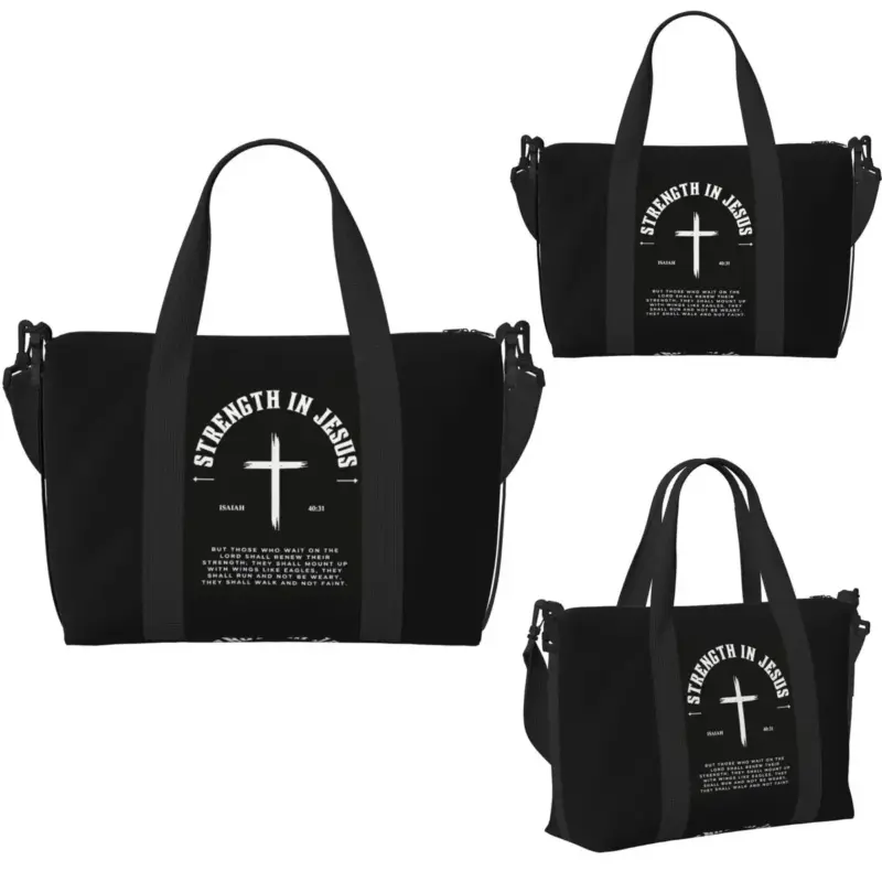 Schwarze Strength in Jesus Tasche mit Kreuz und Jesaja 40,31 aus mehreren Ansichten