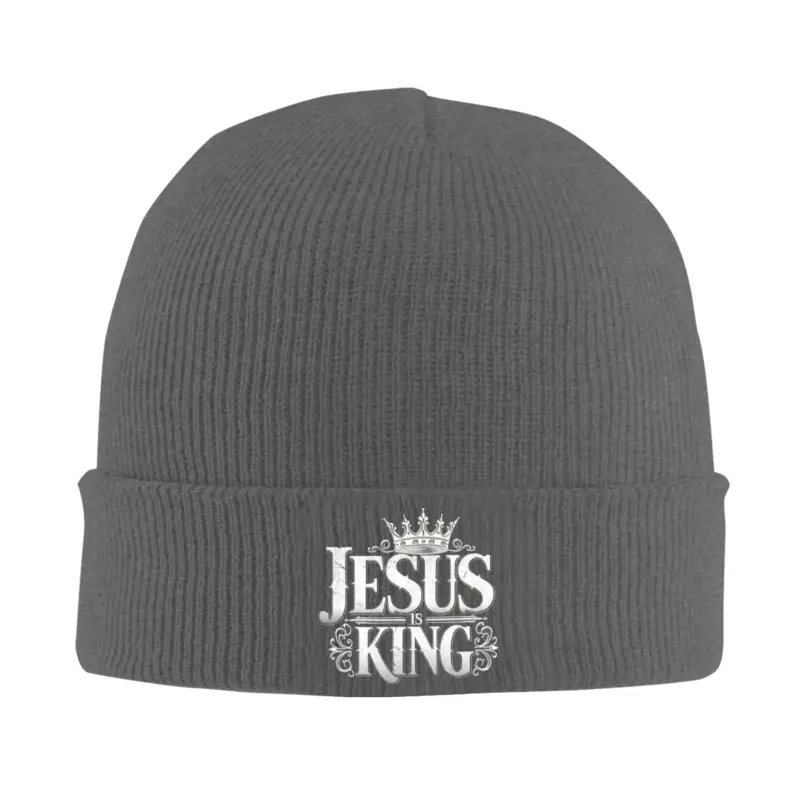 Dunkelgraue CHAMPRINT Beanie mit silbernem JESUS IS KING Schriftmotiv und Krone
