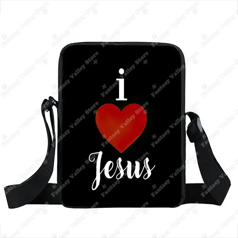 Fantasy Valley schwarze Schultertasche mit rotem Herz und weißem I Love Jesus Schriftzug