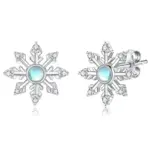 Huitan Schneeflocken-Ohrstecker Vorder- und Seitenansicht mit Steckverschluss und blauem Schimmerstein