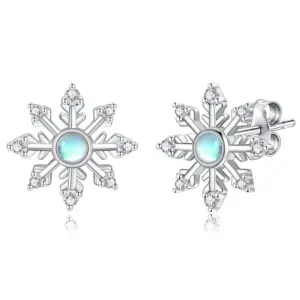 Huitan Schneeflocken-Ohrstecker Vorder- und Seitenansicht mit Steckverschluss und blauem Schimmerstein