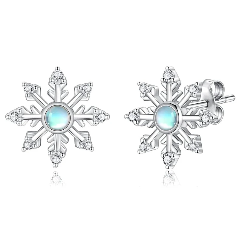 Huitan Schneeflocken-Ohrstecker Vorder- und Seitenansicht mit Steckverschluss und blauem Schimmerstein