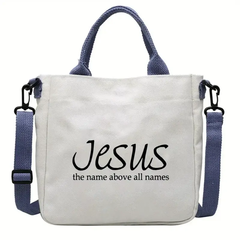 kf-S3bff74505dc646a984c980bcc94f544fC Jesus Umhängetasche in Naturweiß mit blauen Henkeln und Schulterriemen, Aufdruck Jesus the name above all names