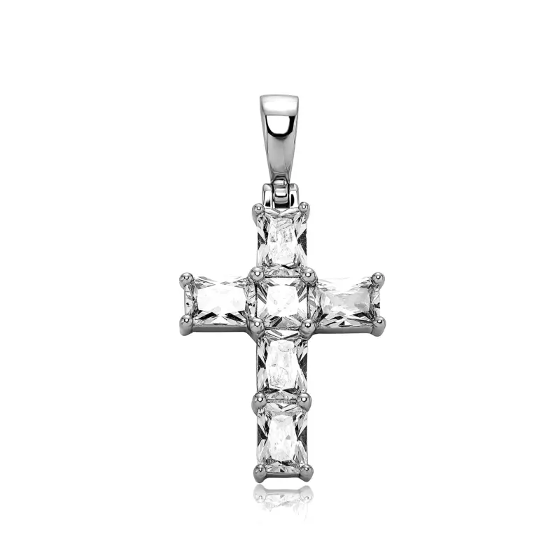 Baguette Kreuz Anhänger Iced Out in Silberoptik mit Zirkonia