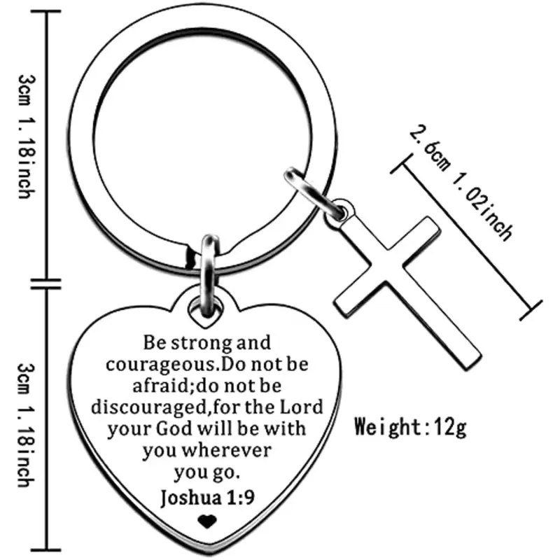 Josua 1,9 Schlüsselanhänger – Maße von Herz, Kreuz und Schlüsselring
