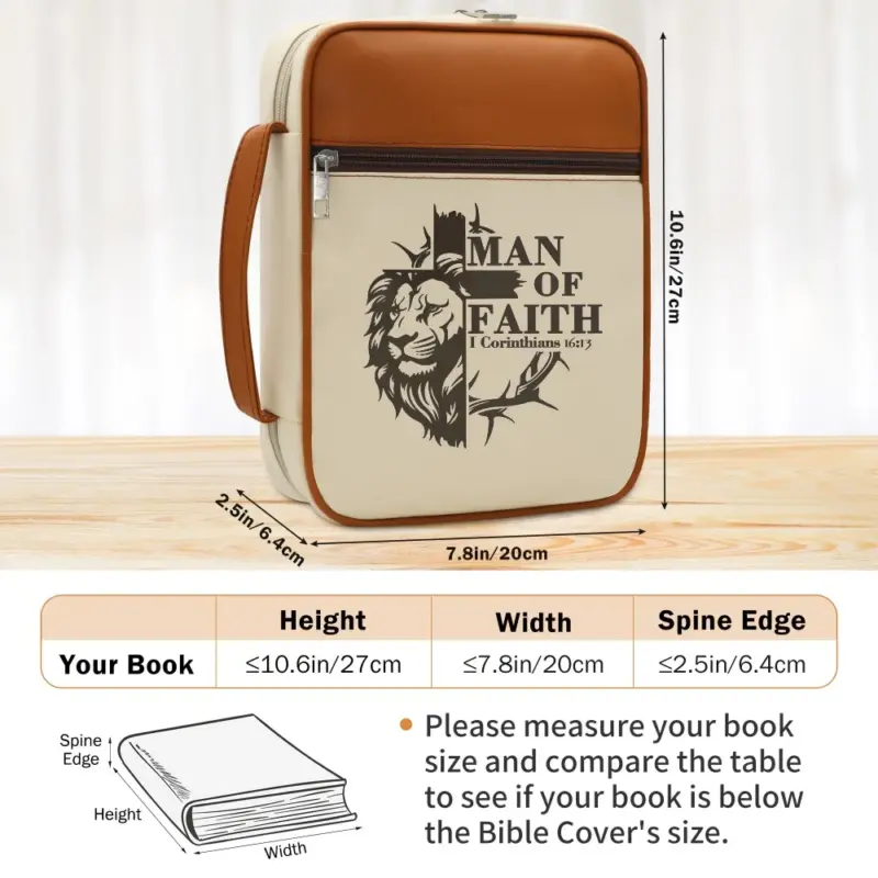 Größenhinweis für Bibelhülle Man of Faith: Buch bis ca. 27 × 20 × 6,4 cm laut Anbieter