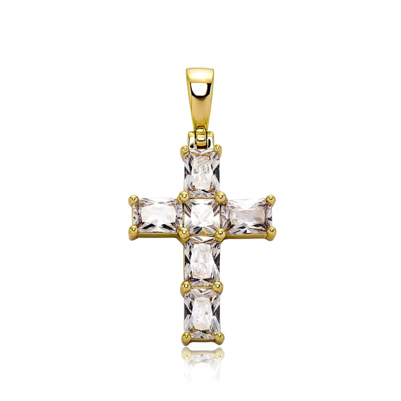 Baguette Kreuz Anhänger Iced Out in Goldoptik mit Zirkonia