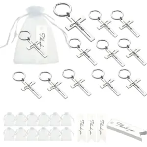 Jesus Kreuz Schlüsselanhänger Gastgeschenk im 12er Set mit Beuteln und Dankeschön-Anhängern