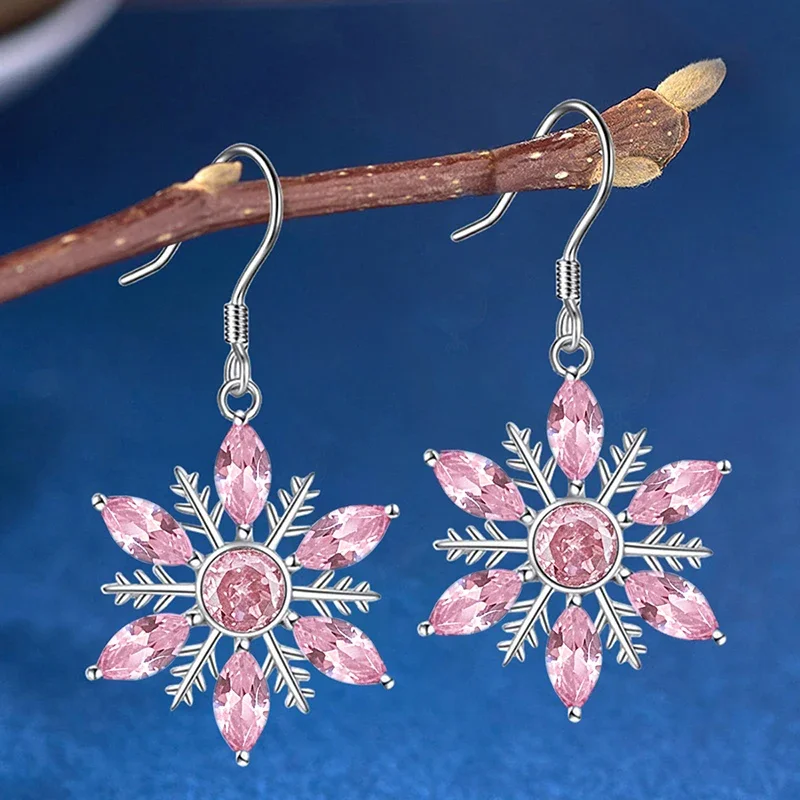 Huitan Schneeflocken-Ohrringe Damen – rosa Zirkonia, Detailansicht