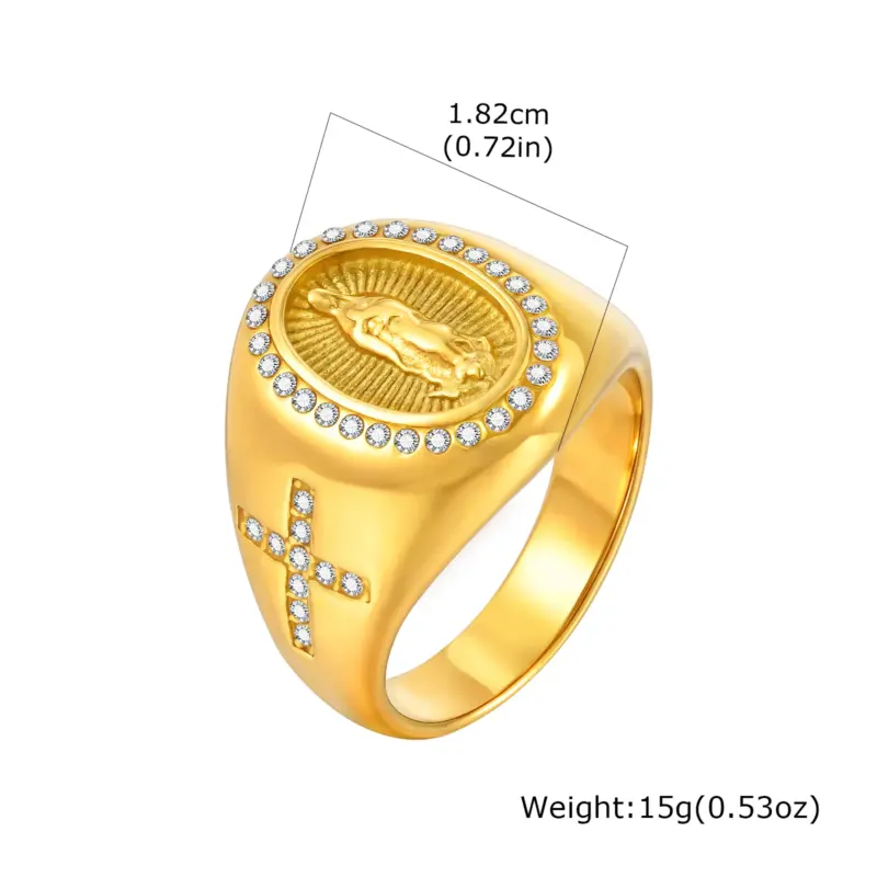 PRJEWEL Modell PJ-RC-959G – ovaler Ring mit betenden Händen und seitlichem Kreuz aus hellen Ziersteinen