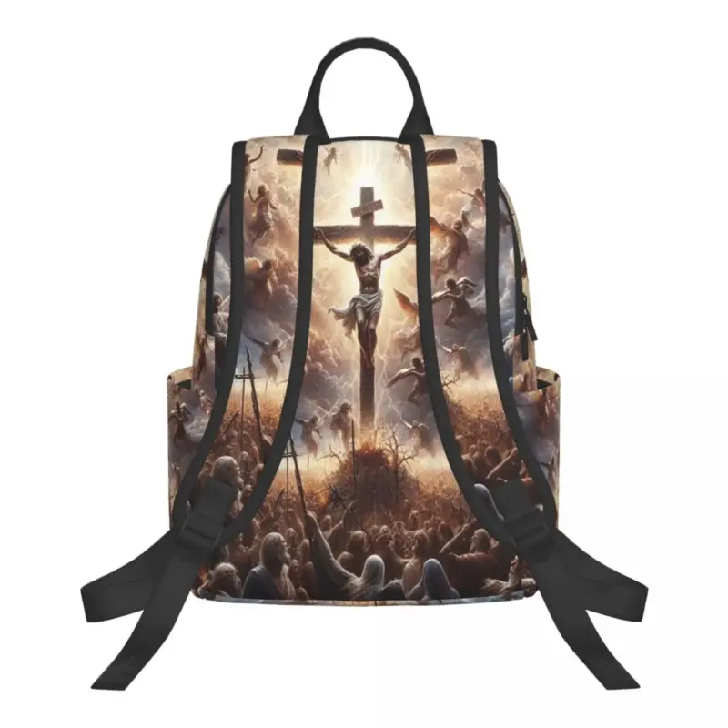 Rückseite des christlichen Rucksacks mit bedrucktem Rückenbereich und verstellbaren schwarzen Schultergurten