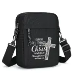 Kompakte schwarze Polyester-Schultertasche mit weißem Kreuz und englischem Philipper-4,13-Motiv