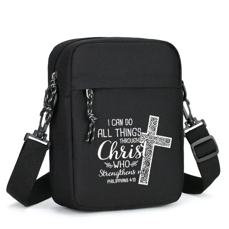 Kompakte schwarze Polyester-Schultertasche mit weißem Kreuz und englischem Philipper-4,13-Motiv