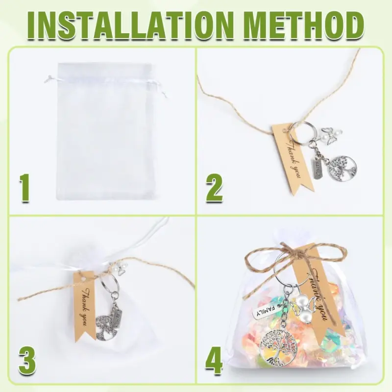 Anleitung zum Zusammenstellen der Lebensbaum-Gastgeschenke mit Beutel, Anhänger und Schnur