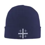 Marineblaue Jerusalemkreuz-Beanie aus Acryl mit christlichem Kreuzmotiv