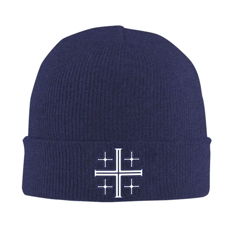 Marineblaue Jerusalemkreuz-Beanie aus Acryl mit christlichem Kreuzmotiv