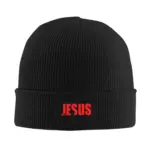 Schwarze CHAMPRINT Jesus Is King Beanie mit rotem JESUS-Schriftzug und Kreuz