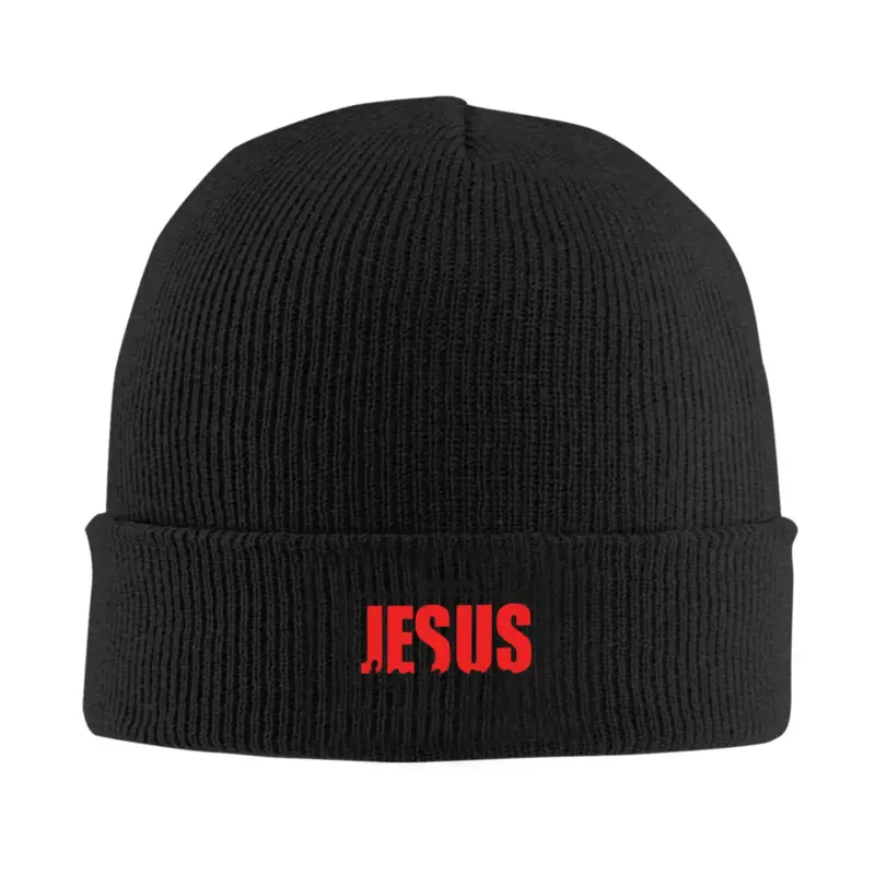 Schwarze CHAMPRINT Jesus Is King Beanie mit rotem JESUS-Schriftzug und Kreuz
