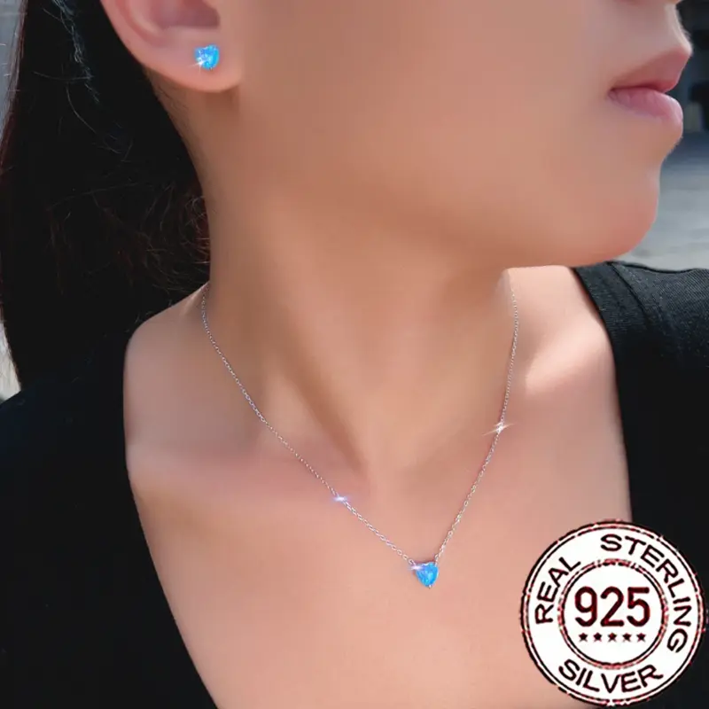 Blaues Herz-Schmuckset für Damen – Halskette und Ohrstecker aus 925 Silber