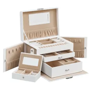 SONGMICS Schmuckkasten weiß mit 2 Schubladen, Spiegel und Mini-Box