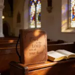 Braune Bibel-Tasche mit Schriftzug Trust in the Lord with all your heart in Kirchenbank