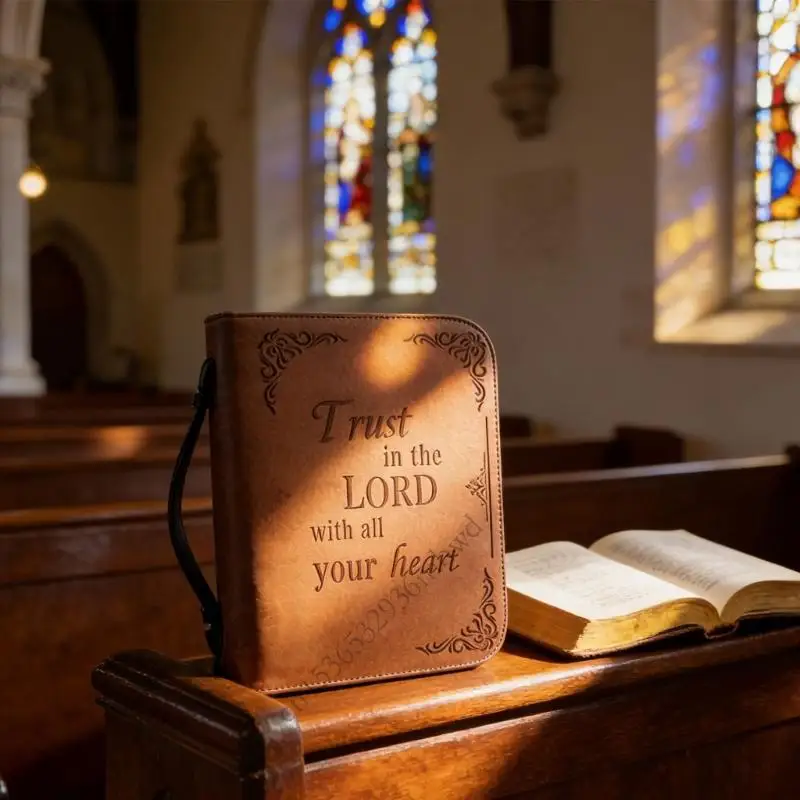 Braune Bibel-Tasche mit Schriftzug Trust in the Lord with all your heart in Kirchenbank