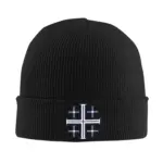 Schwarze Jerusalemkreuz-Strickmütze aus Acryl mit fünf christlichen Kreuzen auf dem Umschlag