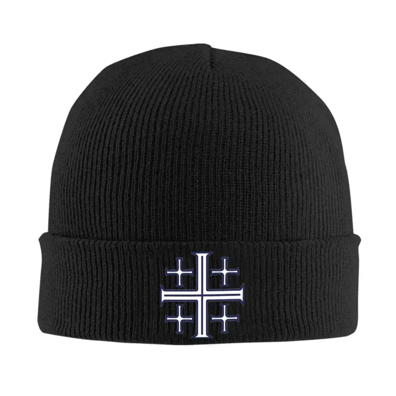 kf-S75b4b129dc5145d8aacc79a777a4f0c3G Schwarze Jerusalemkreuz-Strickmütze aus Acryl mit fünf christlichen Kreuzen auf dem Umschlag