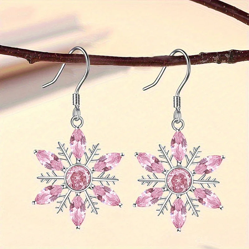 Huitan Weihnachtsohrringe mit Schneeflocken und rosa Zirkonia